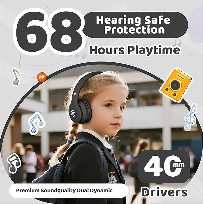 Headphones Kids Bluetooth 5.4 Wireless Play Time 68H Safe Volume Limit 85/94dB Over-Ear Foldable Headset,Fast Charging,with Aux Cord Built-in Mic for Toddler Child Pad Study Tablet Black