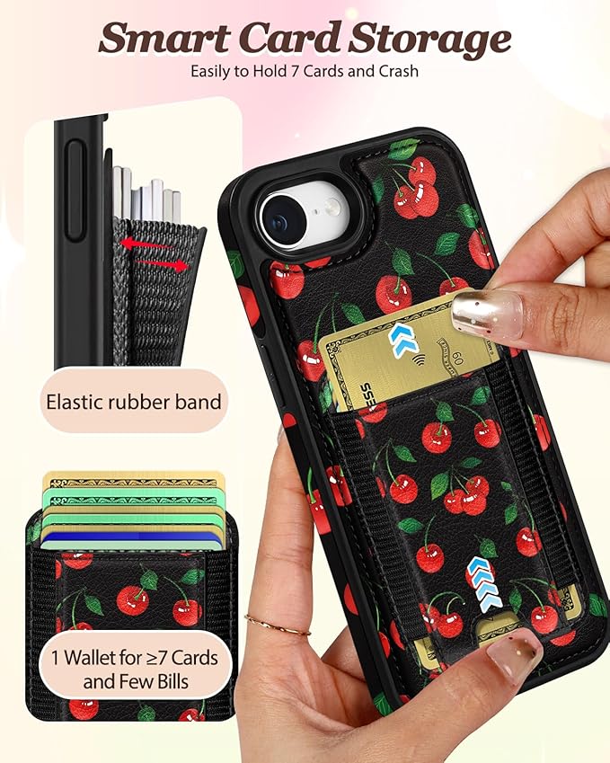 Shorogyt for iPhone 17e/16e Wallet Case - Fits 7 Cards, Compatible with Magsafe Detachable Magnetic Credit Card Holder Leather Cardholder Cute Phone Cover Women Girls for Apple 17e/16e, Cherry