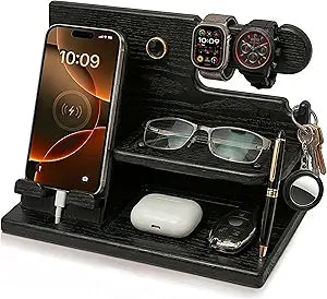 TESLYAR Wood Phone Docking Station for Men - Desk or Nightstand Organizer - Birthday Gifts for Husband, Dad - Anniversary Idea from Wife - Key Holder, Stand Wallet, Watch & Essentials (Granite Black)