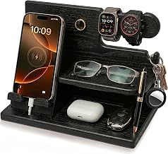 TESLYAR Wood Phone Docking Station for Men - Desk or Nightstand Organizer - Birthday Gifts for Husband, Dad - Anniversary Idea from Wife - Key Holder, Stand Wallet, Watch & Essentials (Granite Black) - Image 1