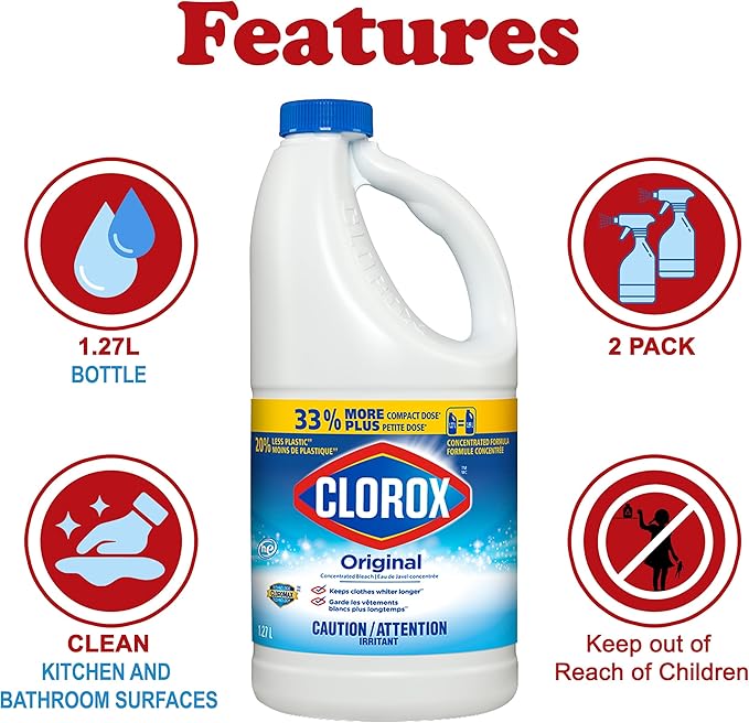 Clorox Bleach Cleaner, 2 Pack Original Concentrated Bleach, Easy Pour Bottle with Handle, Moldand Mildew Remover, Removes Stains and Whitens, 43 oz Each