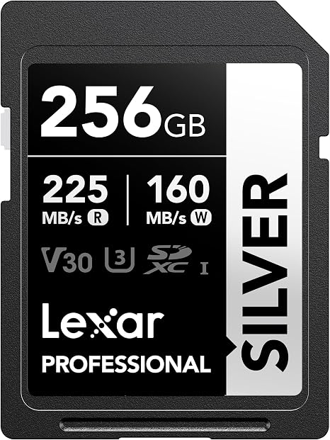 Lexar 256GB Silver SD Memory Card, 225MB/s Read, 4K, V30, U3, UHS-I