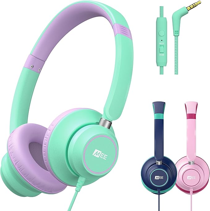 MEE audio KidJamz KJ45 Children’s Safe Listening Headphones with Volume Limiter & Microphone, Adjustable On-Ear Kids Headset Wired w/3.5mm Jack for Online Learning/School/Travel/Tablet (Mint/Lavender)