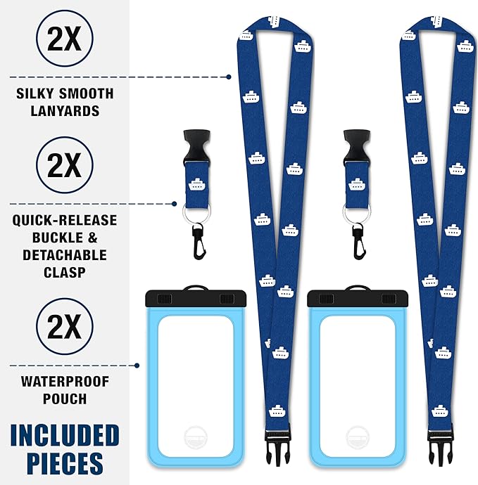 Cruise On Lanyards Waterproof Phone Pouch Dry Case w/Touch Screen for iPhone 15 14 13 12 11 Pro Max XS, Samsung S22+, Pixel 7, Fits Up to 6.5??Screen, Large Floating Holder (2-Pack) Blue