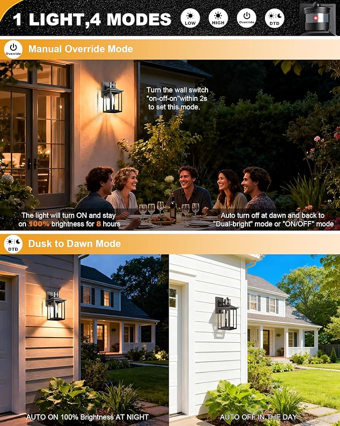 Motion Sensor Dusk to Dawn Outdoor Light, 4-Modes Adjustable Black Exterior Lighting Fixture, Waterproof Outside Wall Mount Lantern for Home, Entry, Backyard, Patio, 120V