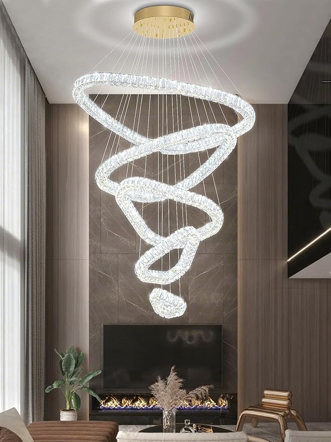 Flashing God H118 Modern Large Chandelier for Foyer 5 Rings Crystal Chandelier Stairway Chandeliers LED Dimmable Crystal Pendant Light for Living Room Entrance Hallway Gold