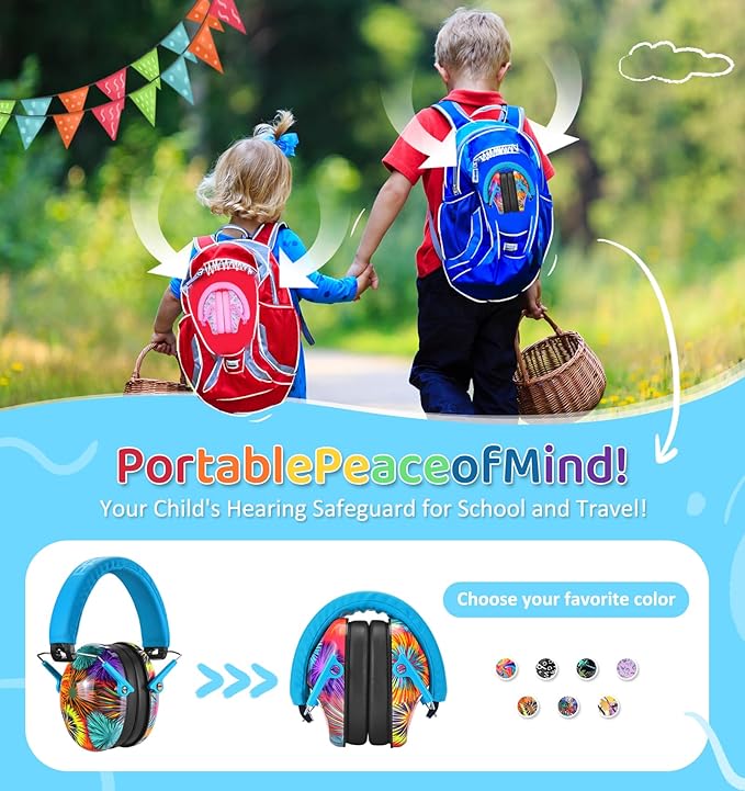 PROHEAR 032 2 Pack Kids Ear Protection, NRR 25dB, Adjustable Headband Safety Earmuffs for Sports Events, Concerts, Airports - Orange & Blue