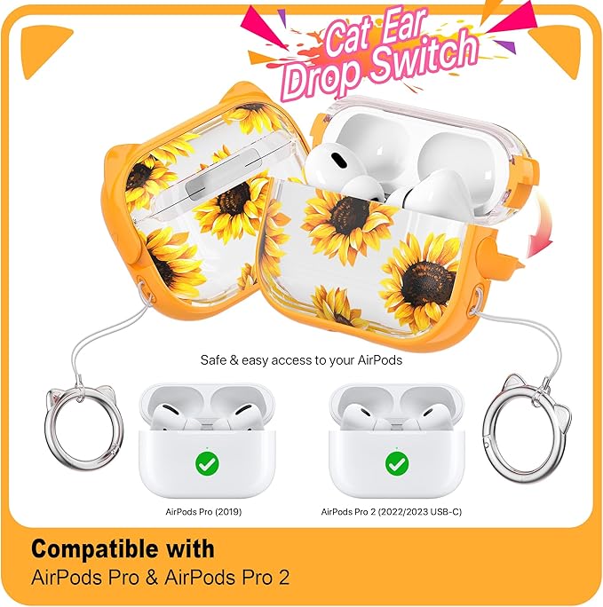 RFUNGUANGO AirPods Pro Case for Women Girly Cat Case with Lock, Phone Stand, Keychain & Cleaner Kit, Compatible with Apple Airpods Pro 2nd/1st Generation Case Cover, Transparent Sunflower