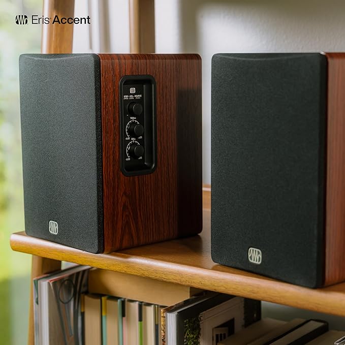 PreSonus Eris Accent Powered Bookshelf Speakers – 50W Wired Stereo Speakers for Record Player, Turntable, Desk & Home, Multiple Inputs, 4” Woofer, Studio Monitors, Tweeter, Remote, Sub Out, Wood Grain