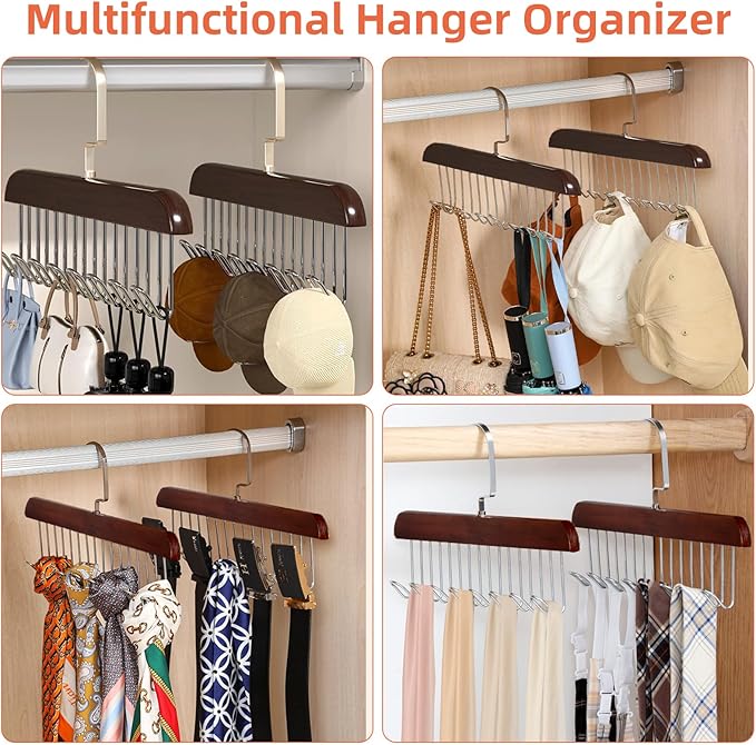 2 Pack Belt Hanger,Wooden Belt Organizer for Closet, 360° Rotating Tie & Belt Rack for Storage with 16 Hooks, Sturdy Belt Holder Space Saver for Belt, Tie, Bra, Scarf, Tank Top Accessories