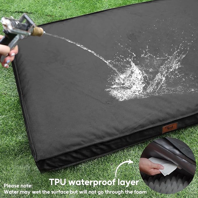 Outdoor Extra Large Dog Bed, Jumbo Waterproof Dog Bed for Large Dogs, Orthopedic Egg Crate Foam Pet Mat with Removable Oxford Cooling Cover, Black