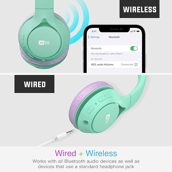 MEE audio KidJamz KJ45BT Children's Safe Listening Bluetooth Wireless Headphones with Volume Limiter & Microphone, Adjustable On-Ear Kids Headset for Online Learning/School/Travel/Tablet Mint/Lavender