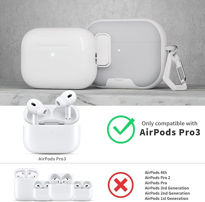 for AirPods Pro 3 Case with Lock,TPU Leather Texture Durability Anti-Lost & Shockproof Protective Cover Accessories with Cleaning Kit in Keychain for Apple AirPod Pro 3 Generation 2025(White/Grey)