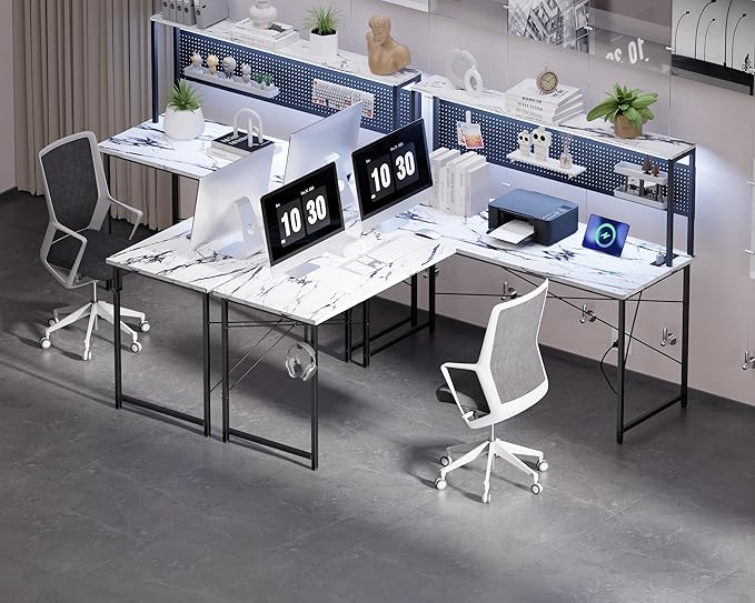 Pamray 60 Inch L Shaped Gaming Desk with LED Lights and Power Outlets Reversible Corner Computer Desk with Pegboard Storage Shelves Home Office Table for Work Study Marble