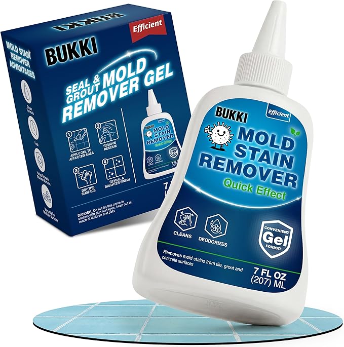 BUKKI Mold Stain Remover Gel 7 FL OZ (150 g), Heavy Duty Thick Cleaning Gel for Shower Grout, Washer Seals, Caulking, Bathrooms, Sinks, Concrete. Stain Cleaner Surface Gel
