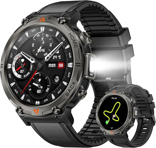 Military Smart Watches for Men Built-in GPS with LED Flashlight Compass, 3ATM Waterproof Rugged Tactical Smartwatch with Text and Call, 1.45" HD Fitness Tracker with HR SPO2 Monitor for iPhone Android