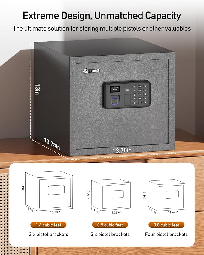 BILLCONCH Gun Safe with 6 Pistol Holders - Biometric, Key & App Unlock, Black Iron Safe with LCD Display & Voice Prompt, Removable Shelf & Foldable Gun Racks (1.4 Cubic Feet)