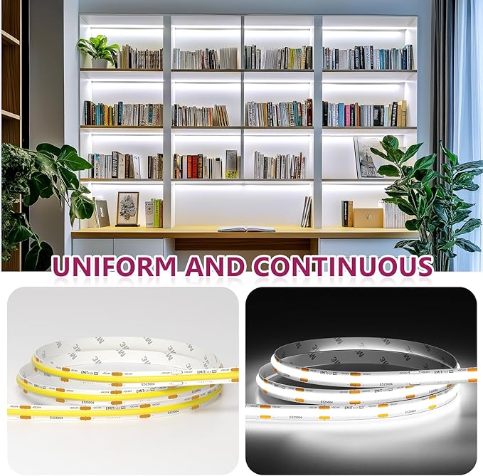EMITEVER COB LED Strip Lights White, 5000K Tape Light Premium High Density, DC 24V, 400+Lumens/ft, 5120LEDs/Spool, Ra 90+, 32.8ft/10m, UL Listed 5 Year After-Service(Power Supply Sold Separately)