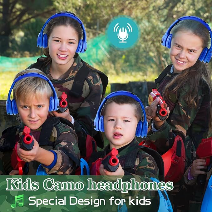 Toddler Headphones Wireless,Kids camo Bluetooth Headphones, 5 Button Easy Use, 93db Foldable with Built-in Mic for Cell Phones TV Tablet Network Boys Girls (bs690 Blue Camo)