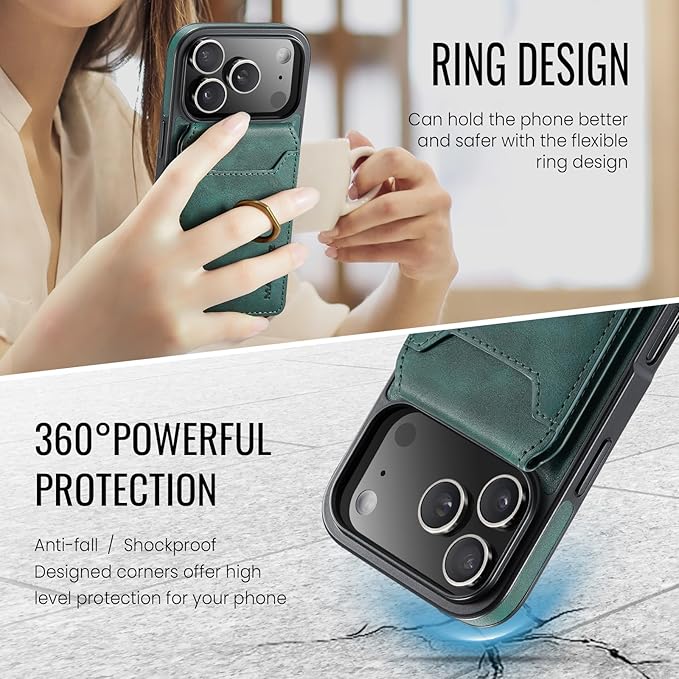 Wallet Case for iPhone 17 Pro, 2 in 1 Strong Magnetic Detachable, Shockproof Phone Case Compatible with MagSafe, Slim Leather Wallet RFID Blocking 5-Card Holder Ring Grip Stand (Green)