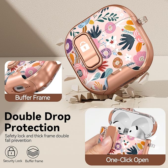 for AirPods 4 Case, with Safty Lock & Phone Stand for Floral AirPods 4th Generation Case Cover for Women Girly, iPod 4 Case with Keychain & Cleaner Kit - Pink Berry Flower