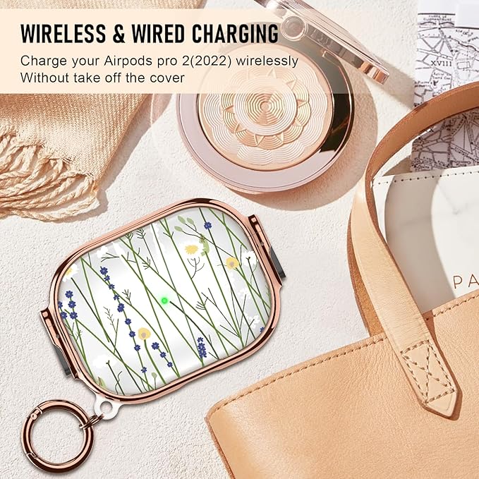 Maxjoy for Cute Airpods Pro 2 case with Safety Lock,Compatible Airpods Pro Case 2nd/1st Gen,Compatible Green Flower Stem AirPods Case Cover for Women Girly with Keychain-Transparent