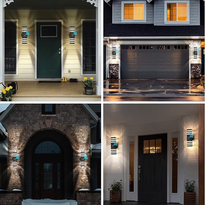 tewei Dusk to Dawn Outdoor Wall Lights, Modern Exterior Light Fixture, 3-Layer Up and Down Matte Black Outdoor Lights IP65 3000K Warm White Waterproof Modern Wall Sconce for Garage Porch, 2 Pack