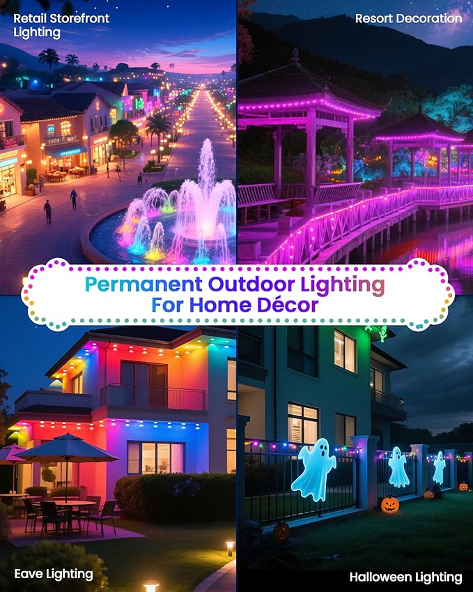 KISUFU 50FT Permanent Outdoor Lights for House, 24V RGB+IC Smart Outside Lights with 221 Modes, App & Remote Control, IP68 Waterproof, Year-Round Roof & Eaves Lighting for Christmas, Holidays (50FT)