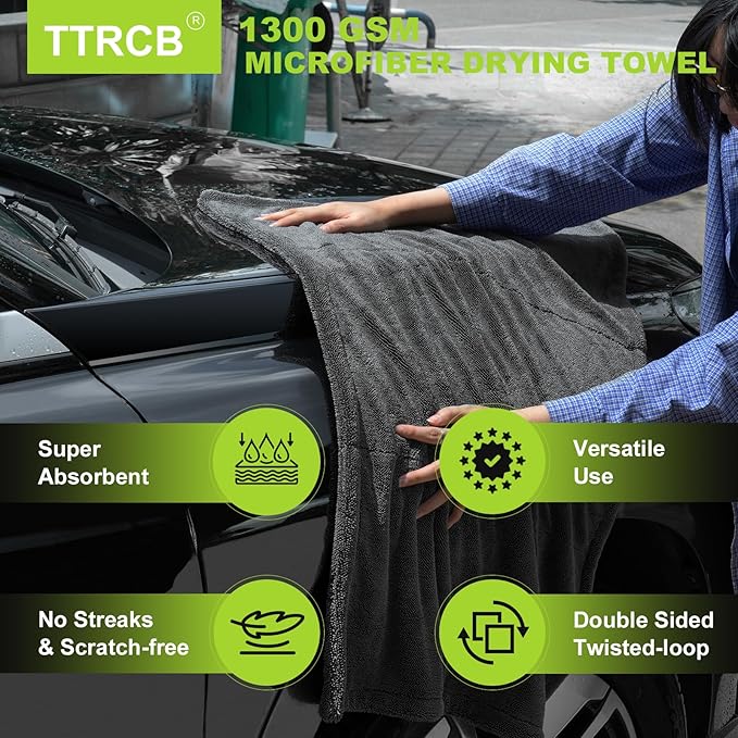 TTRCB 2 Pack 1300 GSM Car Drying Towel, Microfiber Towels for Cars - 36" x 24" & 16" x 16", Ultra-Absorbent, Streak Free, Premium Double Twisted-Loop Microfiber Cleaning Cloth with Car Wash Mitt