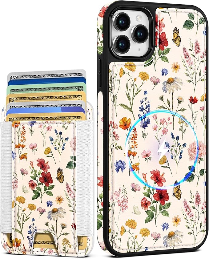 Shorogyt for iPhone 11 Pro Case Wallet - Fits 5 Cards, Compatible with Magsafe Detachable Magnetic Credit Card Holder Leather Cardholder Cute Phone Cover Women Girls for Apple 11Pro, Floral