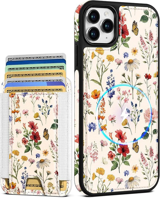 Shorogyt for iPhone 11 Pro Case Wallet - Fits 5 Cards, Compatible with Magsafe Detachable Magnetic Credit Card Holder Leather Cardholder Cute Phone Cover Women Girls for Apple 11Pro, Floral