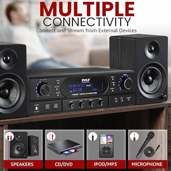 Pyle Home Bluetooth Theater Receiver Amplifier - 500 Watts Peak Power Amp w/Treble, Bass, Echo Control, MP3/USB/FM, Dual Channel Audio Stereo System for Streaming Entertainment, Karaoke