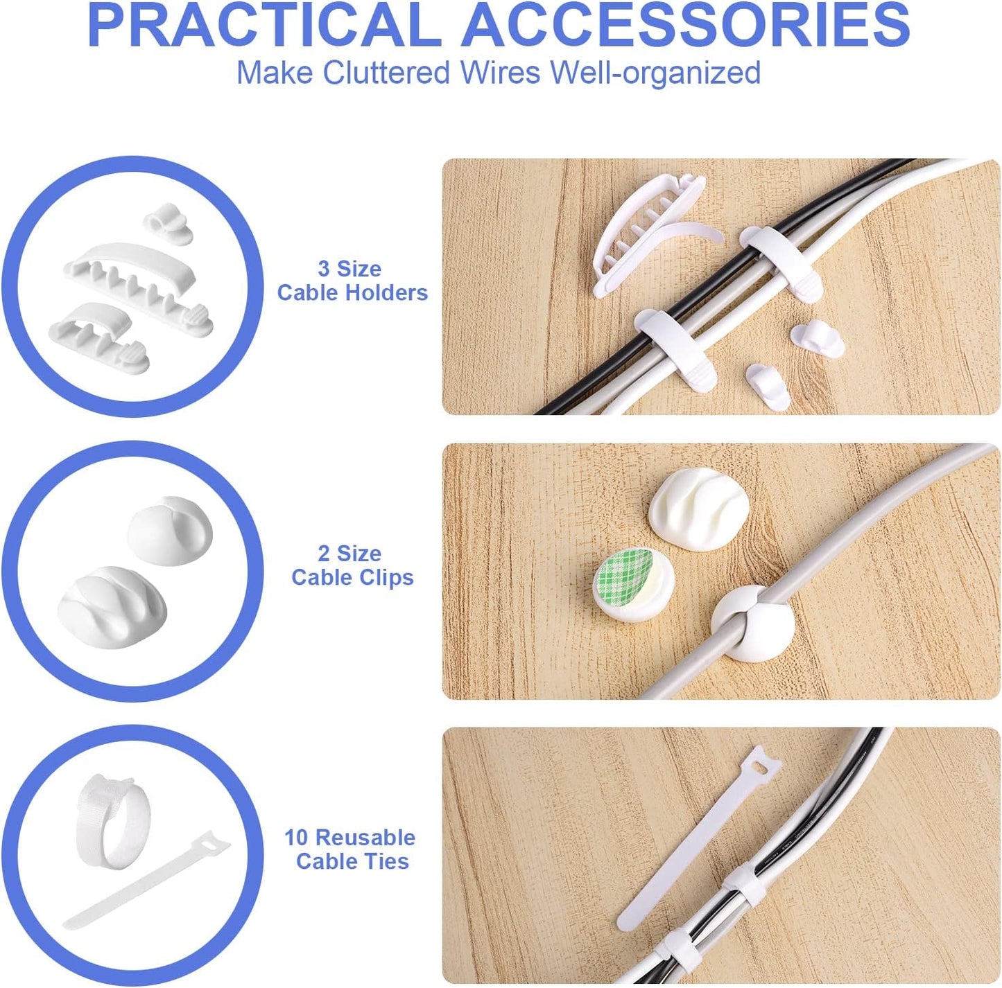 Cable Management Box Set of 3 — Power Strip Organizer with Cable Clips, White