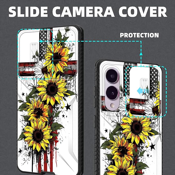 for Galaxy S25 Edge Case Built in Slide Camera Lens Cover,Heavy Duty Shockproof Protection Dual Layer Case for Samsung Galaxy S25 Edge 2025,Cross American Flag Sunflower