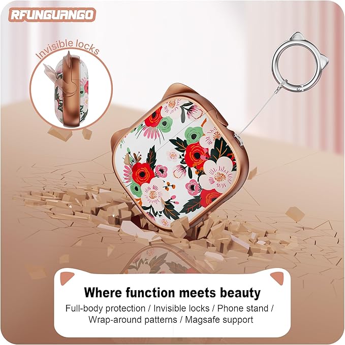 RFUNGUANGO AirPods 4 Case for Women Girly Cat Case with Lock, Phone Stand, Keychain & Cleaner Kit, Compatible with Apple Airpods 4th Generation Case Cover, Rose Gold Flower