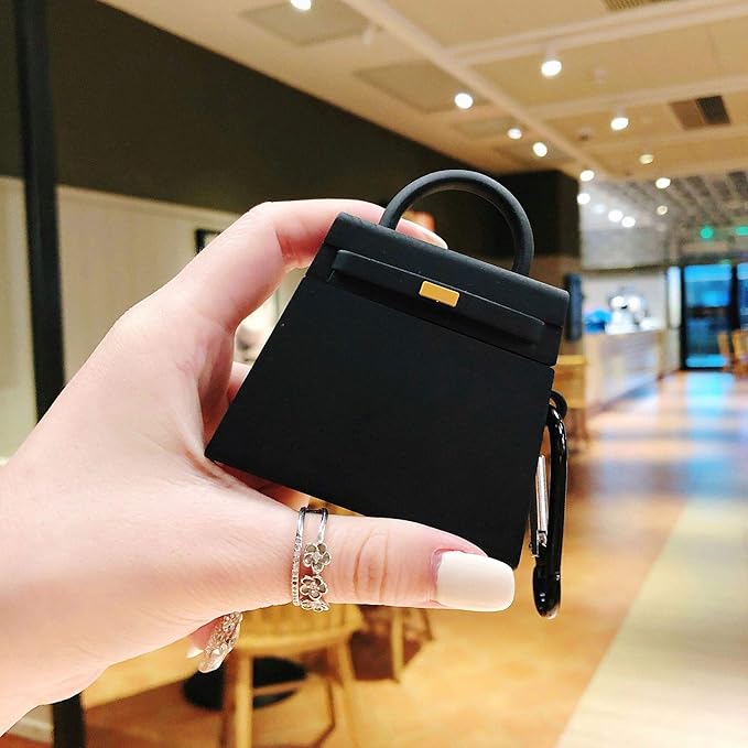 Case Compatible with AirPods Pro, Girls Creative Fashion Mini Handbag Earbud Case, Stylish Soft Silicone Wireless Earphone Protection Charging Cover for AirPods Pro +Hook -Black