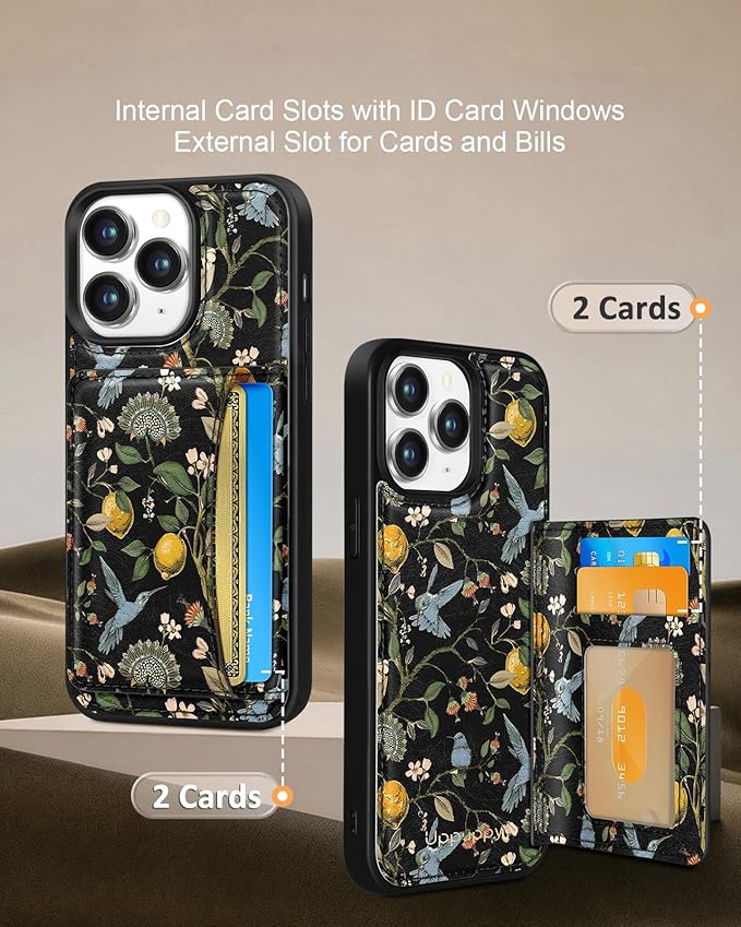 for iPhone 11 Pro Max Case with Wallet - Fits 4 Card Slots, Compatible with MagSafe for Women Aesthetic DurPU Leather Credit Card Holder Kickstand Phone Cover for Apple 11 Promax, Lemon Bird