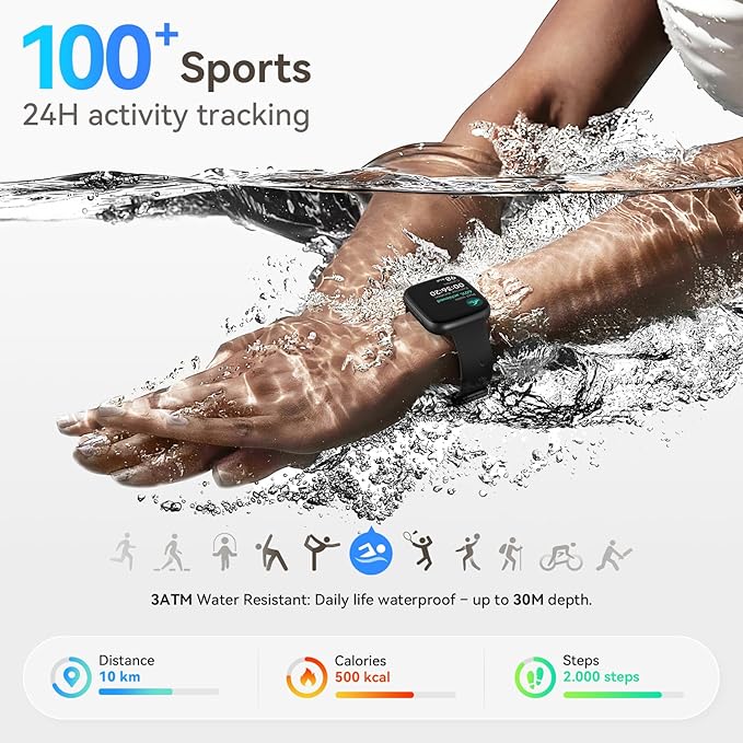 Smart Watch for Men/Women, Answer/Make Call, 1.85" AMOLED Always-On Display Screen Smartwatch for iPhone & Android, 3ATM Waterproof Fitness Tracker with Heart Rate/Sleep/SpO2 Monitor, 100+ Sport Modes