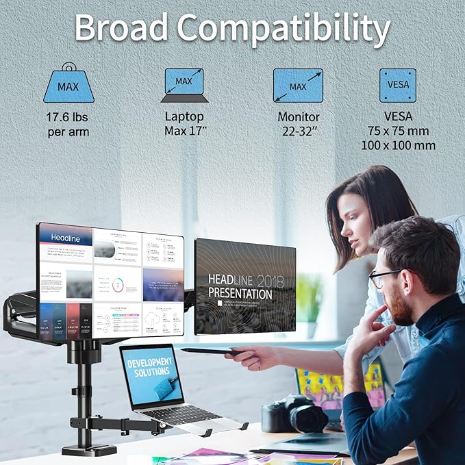 MOUNTUP Dual Monitor and Laptop Mount, Gas Spring Monitor Stand for 2 Max 27" Computer Screens, Laptop Tray Fits 10-17inch Notebook, Holds 4.4-17.6lbs Per Arm, 3-in-1 Adjustable Monitor Desk Mount