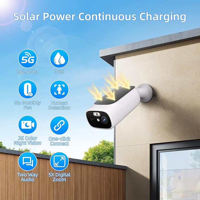 2K Solar Camera Outdoor Wireless, 5/2.4Ghz WiFi Cameras for Home Security, AI Motion Detection, Color Night Vision, SD Card/Cloud Storage, Waterproof, Compatible with Alexa/Google Home (3 Camera)