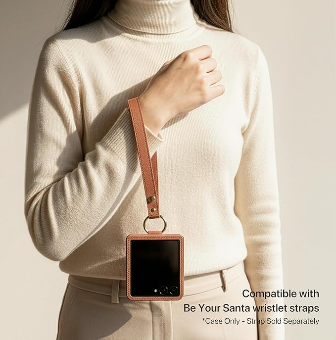 [BeYourSanta] Galaxy Z Flip 7 Case with Ring - Avant-Garde Handmade Saffiano Vegan Leather Case, Anti-Scratch Hinge Protection, Made in Korea (1 Pocket, Saddle Brown)