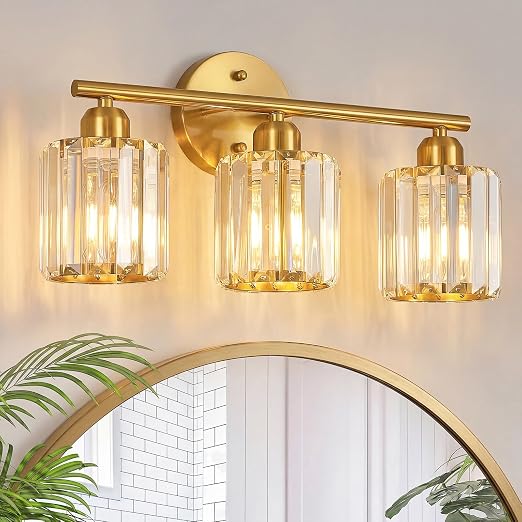 Modern 3 Light Crystal Vanity Light, Brushed Gold Vertical Bathroom Light Fixture Over Mirror for Dressing Table Sink, Compatible with Dimmable Bulbs (Bulbs Not Included)