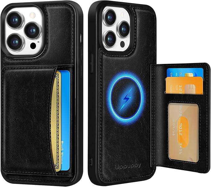 for iPhone 13 Pro Max Case with Wallet - Fits 4 Card Slots, Compatible with MagSafe for Women Men Durable PU Leather Credit Card Holder Kickstand Phone Cover for Apple 13 Promax, Black