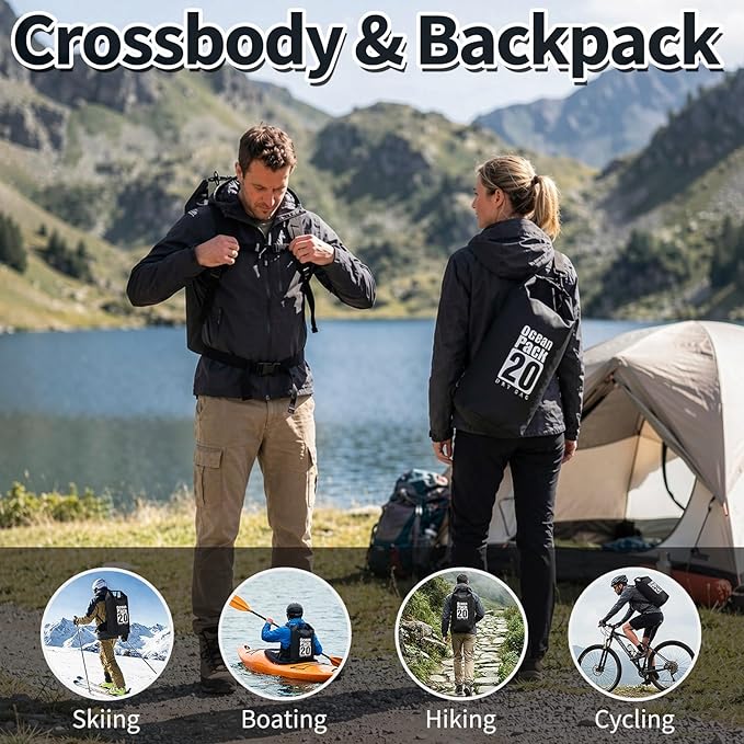 Waterproof Backpack 20L, Roll Top Closure Dry Bag Water Proof Black, Lightweight Floating Dry Bag for Kayaking Boating Hunting, Durable Hiking Backpack with IPX8 Waterproof Phone Pouch-Black, 7"