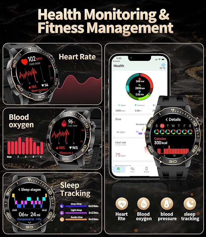 Military Smart Watch for Men(Answer/Calls),1.43''AMOLED Screen,500mAh 5ATM Waterproof,170 Sports Modes, Fitness Tracker Watch with Heart Rate/SpO2/Blood Pressure for Android/iOS,Smartwatch Black