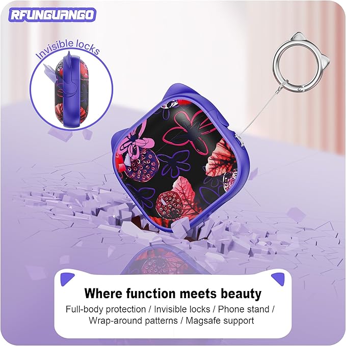 RFUNGUANGO AirPods 4 Case for Women Girly Cat Case with Lock, Phone Stand, Keychain & Cleaner Kit, Compatible with Apple Airpods 4th Generation Case Cover, Purple Lotus