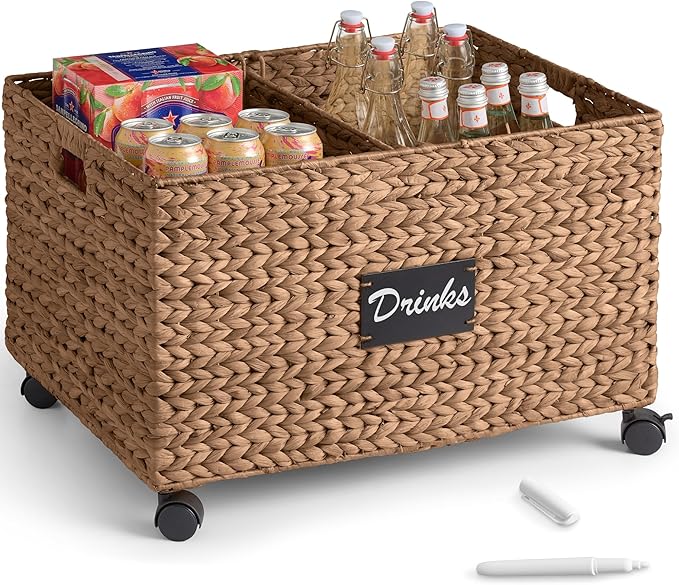 Best Choice Products Rolling Pantry Storage Basket Organizer W/Chalkboard Label, Open Handles, Removable Divider, Water Hyacinth Bin for Kitchen, Bedroom, Office, Kids' Room, Laundry Room - Chestnut