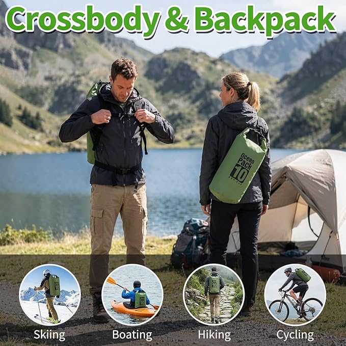 kullder Waterproof Backpack 10L, Roll Top Water Proof Dry Bag Army Green, Floating Dry Bag for Kayaking Camping Boating, Lightweight Hiking Backpack with 7" Black IPX8 Waterproof Phone Case