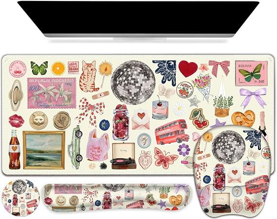 Beige Mouse Pad with Wrist Support 4 in1 Set, XXL Big Game Mousepad + Keyboard Wrist Rest + Mouse Wrist Rest Pad +Coaster Gaming Mat for Home Office Work Computer I Cute Design Stickers