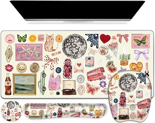 Beige Mouse Pad with Wrist Support 4 in1 Set, XXL Big Game Mousepad + Keyboard Wrist Rest + Mouse Wrist Rest Pad +Coaster Gaming Mat for Home Office Work Computer I Cute Design Stickers - Image 1